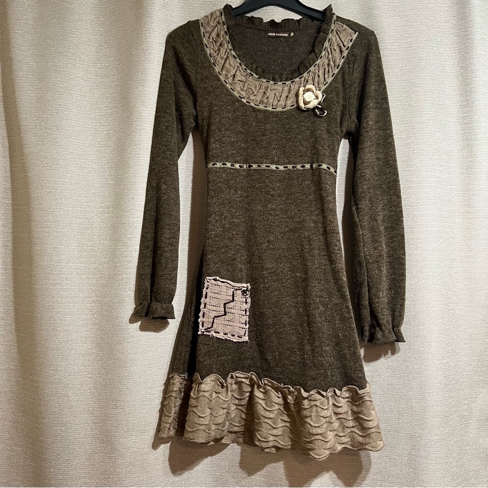 JOHN FASHION Mori Girl Wool Blend‎ Patchwork Ruffle Dress Brown Medium